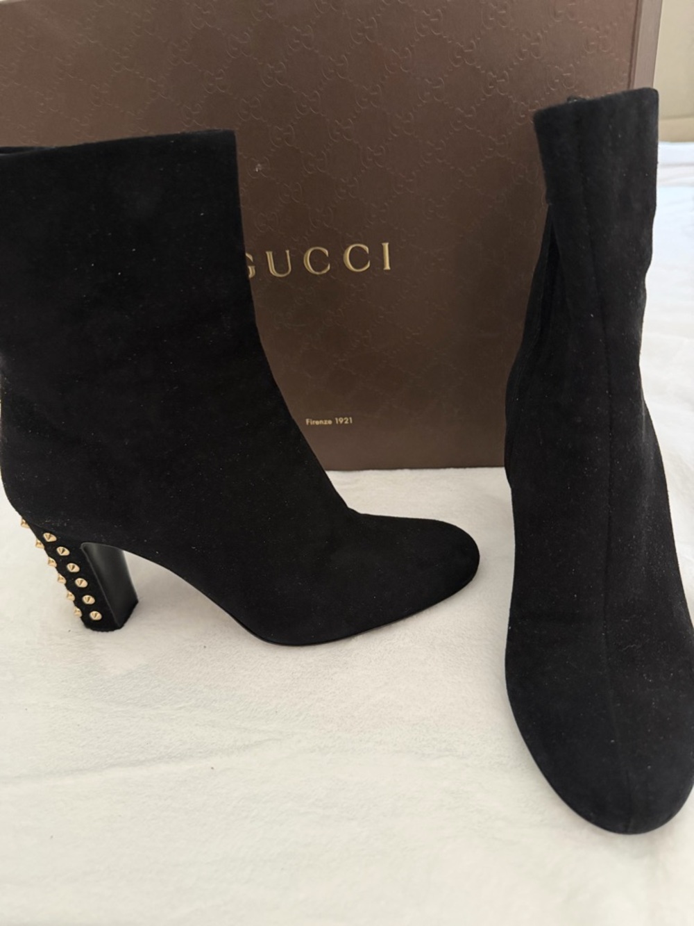 Gucci Melville Black Suede Gold Studded Boot.